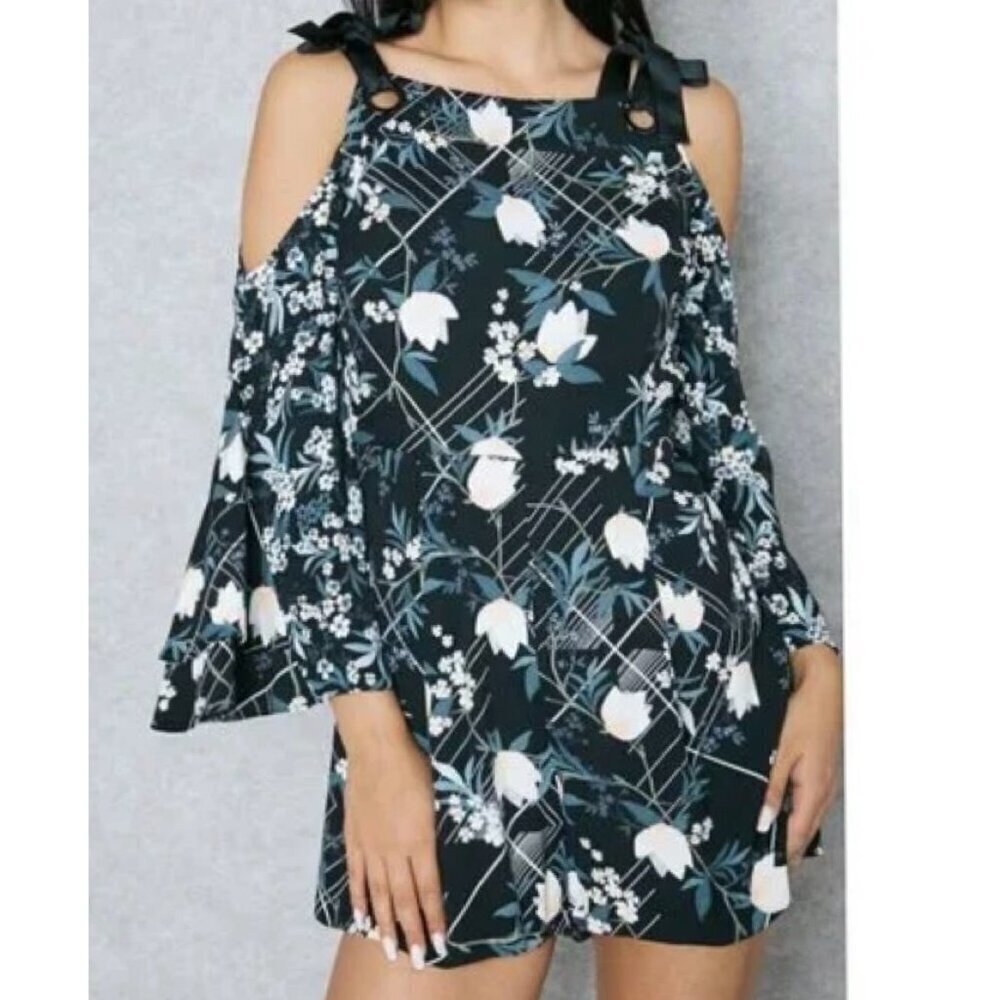 Topshop size 6 Mixed Blossom Black Cold Shoulder Bell Sleeve Romper